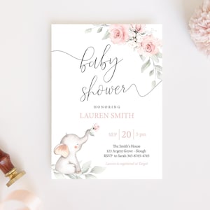 Editable Elephant Baby Shower Invitation, Watercolor Baby Elephant Girl, Greenery Blush Pink Baby Shower Invite, Corjl, PP02
