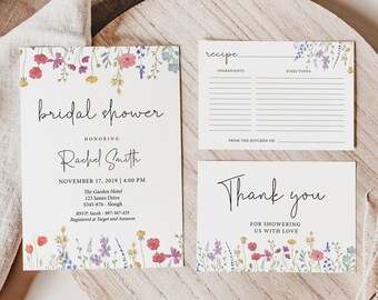 Wildflower Bridal Shower Invitation Set: Boho Recipe Card (Editable Template)