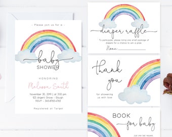 Baby Shower Invitation, EDITABLE Invitation, Rainbow Baby Shower Bundle, Rainbow Baby Shower Template, Gender Neutral, Corjl, RB01