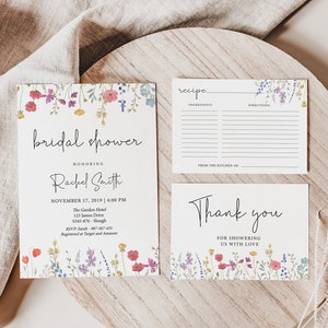 Ensemble d’invitation à la douche nuptiale de fleurs sauvages, invitation aux fleurs sauvages, douche nuptiale Boho, carte de recette fleur sauvage, modèle modifiable, Corjl, WF11