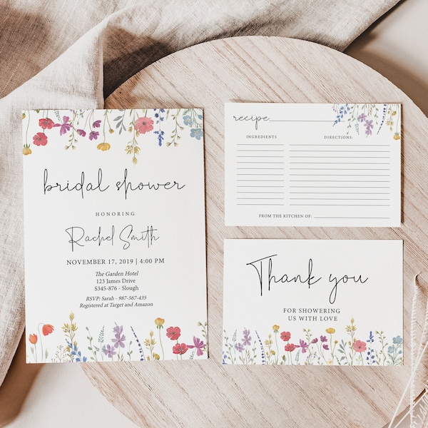 Wildflower Bridal Shower Invitation Set, Wildflower invitation, Boho Bridal Shower, Recipe Card Wildflower, Editable Template, Corjl, WF11