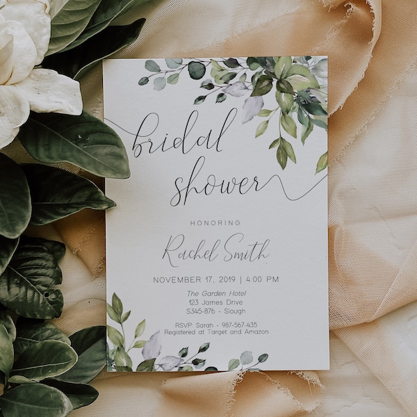 Bridal Shower Invitation, Greenery invitation, Bridal Shower Invitation, Greenery  Invitation, Editable Template, Corjl, GE01