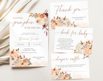 May include: A baby shower invitation with a watercolor design featuring pumpkins, flowers, and leaves in shades of orange, pink, and purple. The text reads "A Little Pumpkin is on the Way" and includes the name "Rachel Smith", the date "November 25, 2023", and the time "5:00 PM".