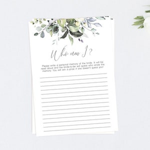 Who Am I Game, Favourite Memory With the Bride game, Greenery Bridal Shower Game, Editable Template, Instant Download, Corjl, GE01