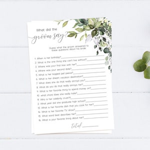 Greenery Bridal Shower Game: What Did the Groom Say? (Editable Template, Instant Download)