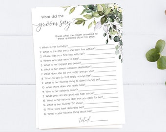 Greenery Bridal Shower Game: What Did the Groom Say? (Editable Template, Instant Download)
