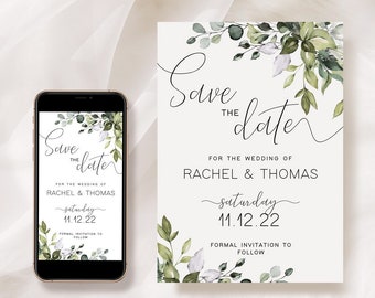 Save The Date Template, Eucalyptus Save the Date Digital Download, Smartphone, Greenery Save The Date, Editable Wedding Save the Date
