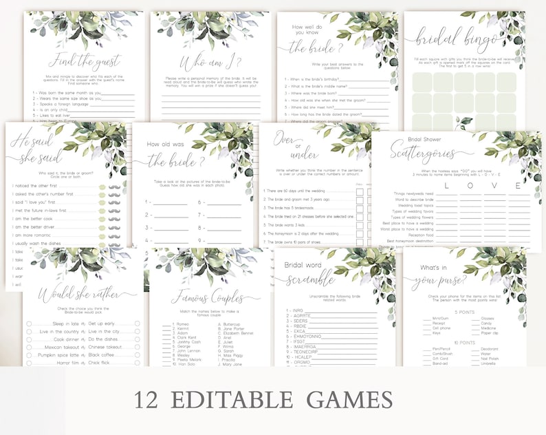 Greenery Bridal Shower Template, Bridal Shower Set, Custom Sign, Editable Signs, Bridal Shower Bundle, Instant Download, Corjl, GE01 imagem 4