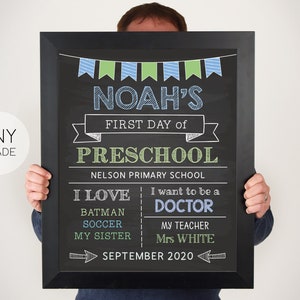 Editable First/Last Day of School Sign, Printable Blue Green Back to School Sign, Chalkboard Sign, First Day of School, Editable sign, Corjl