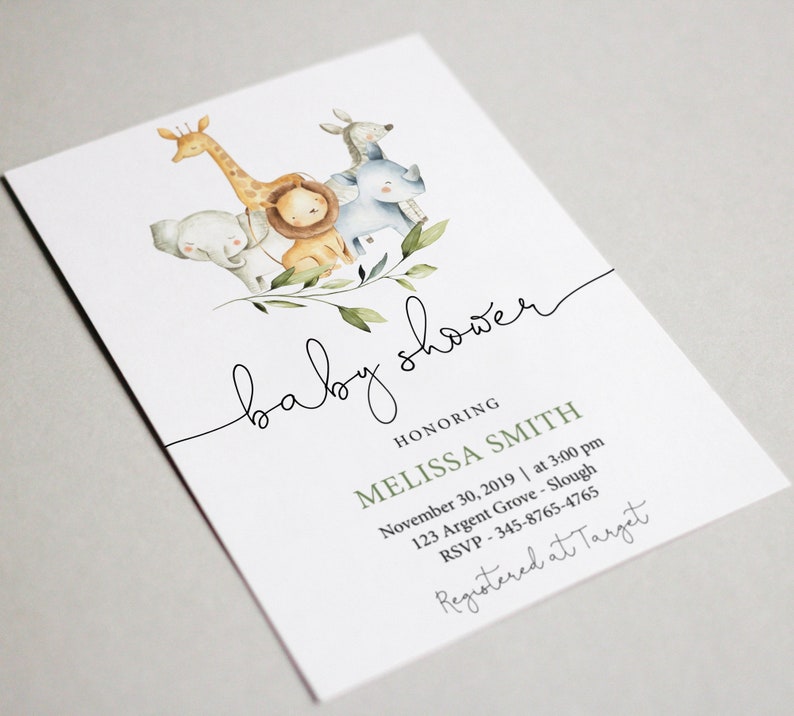 May include: A baby shower invitation with a watercolor illustration of a giraffe, lion, elephant, and rhinoceros surrounded by green leaves. The text reads "baby shower" and "honoring Melissa Smith". The date, time, location, RSVP information, and registry information are also included.