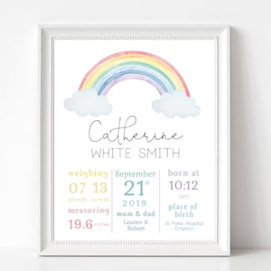 Baby birth print, New Baby Girl Gift, Editable baby birth print, Christening Gift, Birth Details, Birth Stats, Rainbow Nursery Decor, Corjl