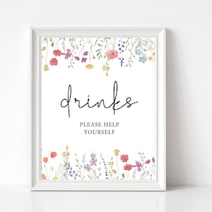 Wildflowers Drinks Sign, Editable Sign, Drinks sign Bridal Shower, Drink Table Sign, help yourself to a drink, Instant Download, Corjl, WF11