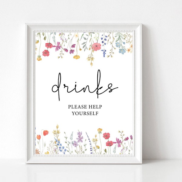 Wildflowers Drinks Sign, Editable Sign, Drinks sign Bridal Shower, Drink Table Sign, help yourself to a drink, Instant Download, Corjl, WF11