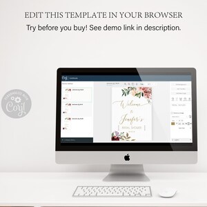 Pu&ograve; includere: Un computer mostra un modello di invito per un addio al nubilato con decorazioni floreali e la scritta "Welcome to Jennifer's Bridal Shower". Lo schermo mostra anche strumenti di modifica e la scritta "EDIT THIS TEMPLATE IN YOUR BROWSER."
