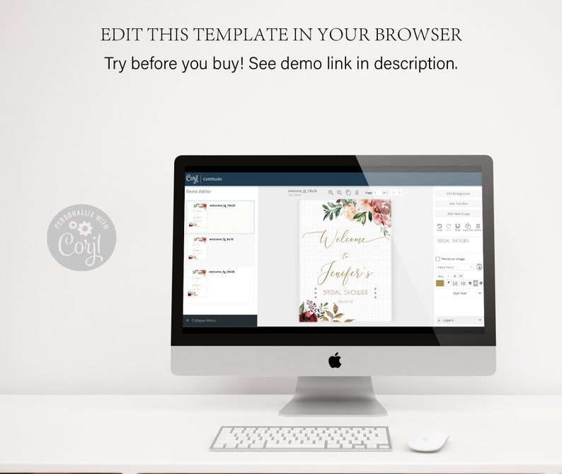 Pu&ograve; includere: Un computer mostra un modello di invito per un addio al nubilato con decorazioni floreali e la scritta "Welcome to Jennifer's Bridal Shower". Lo schermo mostra anche strumenti di modifica e la scritta "EDIT THIS TEMPLATE IN YOUR BROWSER."