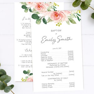 Peut inclure: Un programme de baptême imprimable avec un motif floral dans les tons rose et vert. Le programme comprend le nom "Emily Smith" et la date "10 juin 2017".