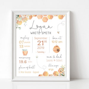 Baby geboorte print, nieuwe baby meisje cadeau, bewerkbare baby geboorte print, geboortedetails, geboortestatistieken, Honey Bee kwekerij decor, Corjl, BE01