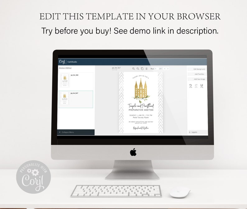 May include: A digital template for a Temple and Priesthood Preparation Meeting invitation. The invitation features a gold temple illustration with a white chevron background. The text "Temple and Priesthood Preparation Meeting" is in a gold font.