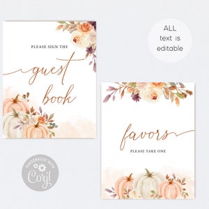 Peut inclure: Deux pancartes imprimables sur le th&egrave;me de l'automne. La premi&egrave;re pancarte dit "Veuillez signer le livre d'or" et pr&eacute;sente une illustration aquarelle de citrouilles et de fleurs. La deuxi&egrave;me pancarte dit "favors veuillez prendre un" et pr&eacute;sente &eacute;galement une illustration aquarelle de citrouilles et de fleurs.