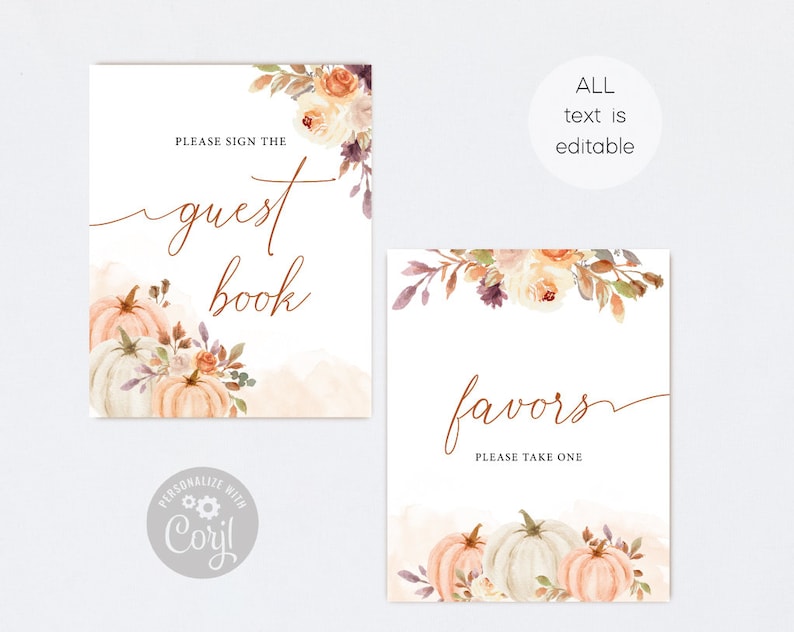 Peut inclure: Deux pancartes imprimables sur le th&egrave;me de l'automne. La premi&egrave;re pancarte dit "Veuillez signer le livre d'or" et pr&eacute;sente une illustration aquarelle de citrouilles et de fleurs. La deuxi&egrave;me pancarte dit "favors veuillez prendre un" et pr&eacute;sente &eacute;galement une illustration aquarelle de citrouilles et de fleurs.