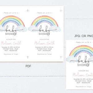 May include: Two printable baby shower invitations with a rainbow and clouds design. The invitations are in a light blue, pink, and yellow color scheme. The text on the invitations reads "Please join us for a baby shower honoring Melissa Smith" and includes the date, time, location, RSVP information, and registry information.