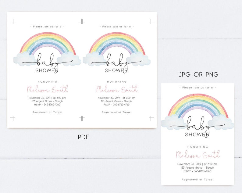 May include: Two printable baby shower invitations with a rainbow and clouds design. The invitations are in a light blue, pink, and yellow color scheme. The text on the invitations reads "Please join us for a baby shower honoring Melissa Smith" and includes the date, time, location, RSVP information, and registry information.