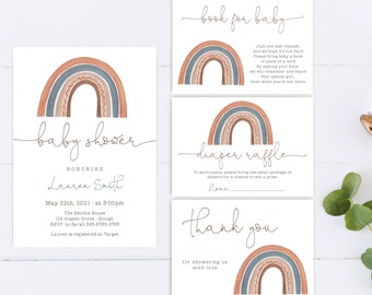 Boho Rainbow Baby Shower Invitation Bundle (Editable Template)