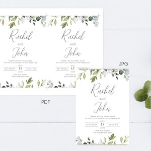 May include: Wedding invitation with a white background and green foliage border. The invitation reads "Rachel and John" with the wedding date and time: "Saturday, November 17, 2020 at 4:00 PM".