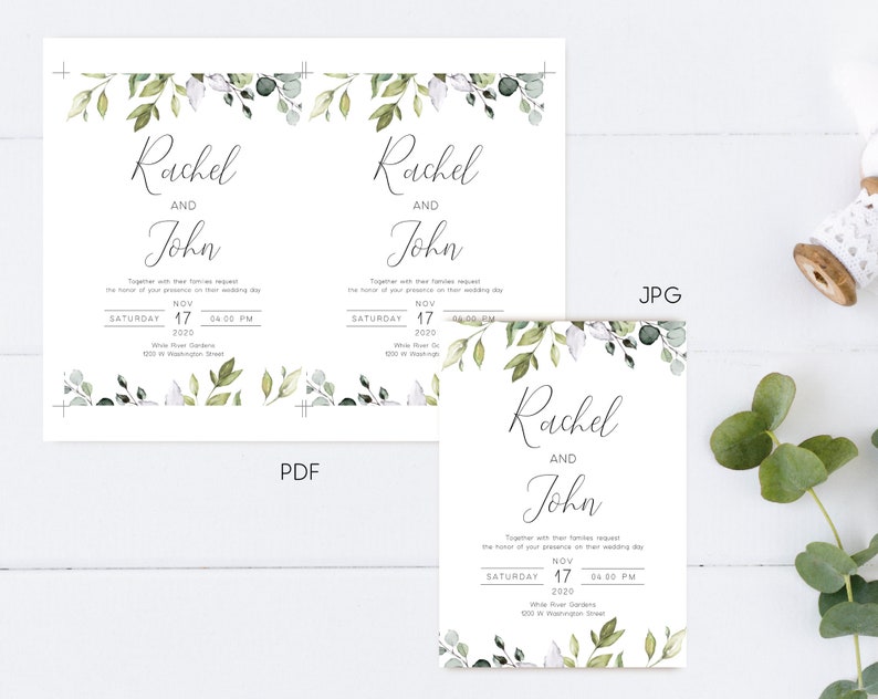 May include: Wedding invitation with a white background and green foliage border. The invitation reads "Rachel and John" with the wedding date and time: "Saturday, November 17, 2020 at 4:00 PM".