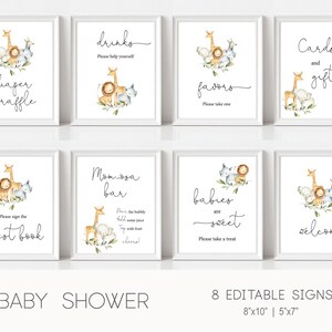 May include: Eight printable baby shower signs featuring a jungle animal theme. The signs include text such as "diaper raffle", "drinks", "favors", "cards and gifts", "guest book", "mom-osa bar", "babies are sweet", and "welcome".
