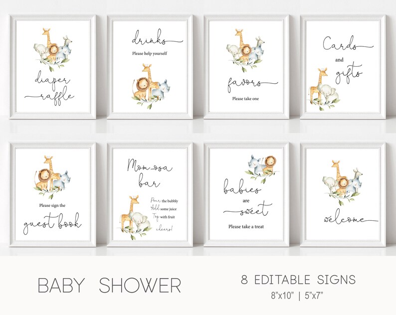 May include: Eight printable baby shower signs featuring a jungle animal theme. The signs include text such as "diaper raffle", "drinks", "favors", "cards and gifts", "guest book", "mom-osa bar", "babies are sweet", and "welcome".