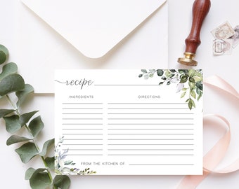 May include: Printable recipe card with a watercolor floral design in shades of green and white. The card has sections for ingredients and directions, and a space at the bottom for "From the kitchen of..."