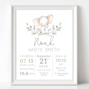 Baby birth print, New Baby Girl Gift, Editable baby birth print, Christening Gift, Birth Details, Birth Stats, Elephant Nursery Decor, Corjl