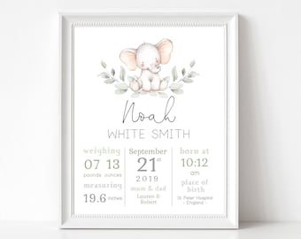 Puede incluir: Una impresión de anuncio de nacimiento con una linda ilustración de elefante. La impresión incluye el nombre del bebé, Noah White Smith, la fecha de nacimiento, la hora, el peso y la longitud. La impresión también incluye los nombres de los padres, Lauren & Robert, y el lugar de nacimiento, St. Peter Hospital, Inglaterra.