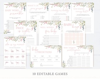 Zestaw gier na baby shower „Wildflower”: 10 edytowalnych szablonów (do natychmiastowego pobrania)