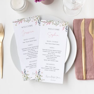 Modelo de menu de flores silvestres, menu com nome de convidado, cartão de lugar de menu de chá de panela de flores silvestres, modelo editável de flores silvestres, Corjl, WF23