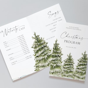 Peut inclure: Un programme de Noël et une liste de distribution de la Nativité sur papier blanc. Le programme présente des arbres à feuilles persistantes à l'aquarelle et le texte "Christmas Program". La liste de distribution comprend des rôles comme Marie et Joseph. Le programme est daté du 20 décembre 2020.