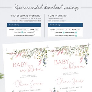 May include: A baby shower invitation with the words "Baby in Bloom" in a delicate script font. The invitation features floral illustrations in pink, purple, and yellow, with the name "Olivia Jones" and event details.