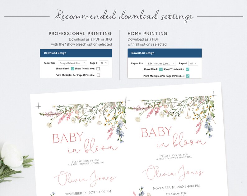May include: A baby shower invitation with the words "Baby in Bloom" in a delicate script font. The invitation features floral illustrations in pink, purple, and yellow, with the name "Olivia Jones" and event details.