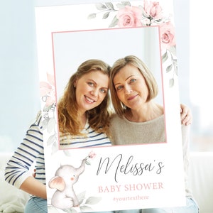 Photo Prop Frame Printable, Elephant Greenery Blush Pink Baby Shower Photo Booth Frame Template, Instant Download, Corjl, PP02