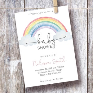 May include: A baby shower invitation with a watercolor rainbow and clouds. The text reads "Please join us for a baby shower honoring Melissa Smith. November 30, 2019 at 3:00 pm. 123 Argent Grove - Slough. RSVP - 345-8765-4765. Registered at Target."