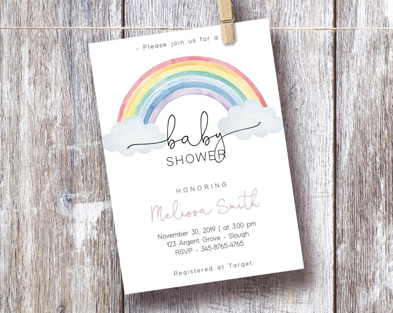 May include: A baby shower invitation with a watercolor rainbow and clouds. The text reads "Please join us for a baby shower honoring Melissa Smith. November 30, 2019 at 3:00 pm. 123 Argent Grove - Slough. RSVP - 345-8765-4765. Registered at Target."