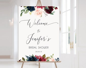 Floral Bridal Shower Welcome Sign: Marsala, Navy, Eucalyptus (Editable Template, Instant Download)