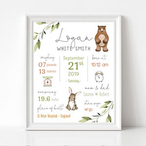 Baby-Geburtsdruck, Waldkindergarten-Druck, Waldtierdruck, neues Baby-Mädchengeschenk, bearbeitbarer Baby-Geburtsdruck, Geburtsdetails, Corjl, WW02