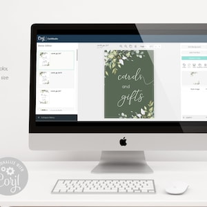 Pu&ograve; includere: Uno schermo di computer che mostra un design floreale verde e bianco con il testo "carte e regali". Lo schermo mostra un modello di design per un matrimonio o un evento.
