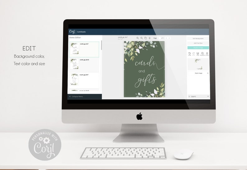 Pu&ograve; includere: Uno schermo di computer che mostra un design floreale verde e bianco con il testo "carte e regali". Lo schermo mostra un modello di design per un matrimonio o un evento.