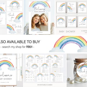 May include: A set of printable baby shower decorations featuring a rainbow, clouds, and the text "Melissa's Baby Shower". The set includes invitations, signs, games, and thank you tags.