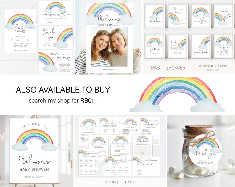 May include: A set of printable baby shower decorations featuring a rainbow, clouds, and the text "Melissa's Baby Shower". The set includes invitations, signs, games, and thank you tags.