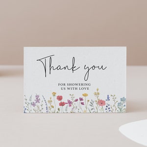 Tarjeta de agradecimiento de flores silvestres, tarjeta de flores silvestres, despedida de soltera Boho, tarjeta de agradecimiento de flores silvestres, plantilla editable, Corjl, WF11