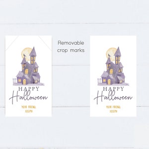 May include: A purple and white Halloween card with a haunted house illustration and the text "Happy Halloween" and "Your Friend, Joseph".